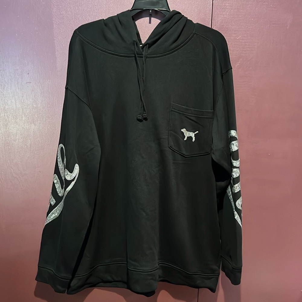 Vintage PINK Hooded Black Sequin Sweatshirt